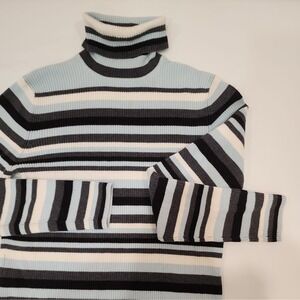 Y2K Casual Corner Sweater Womens Medium Blue Stripe Knit Ribbed Pullover